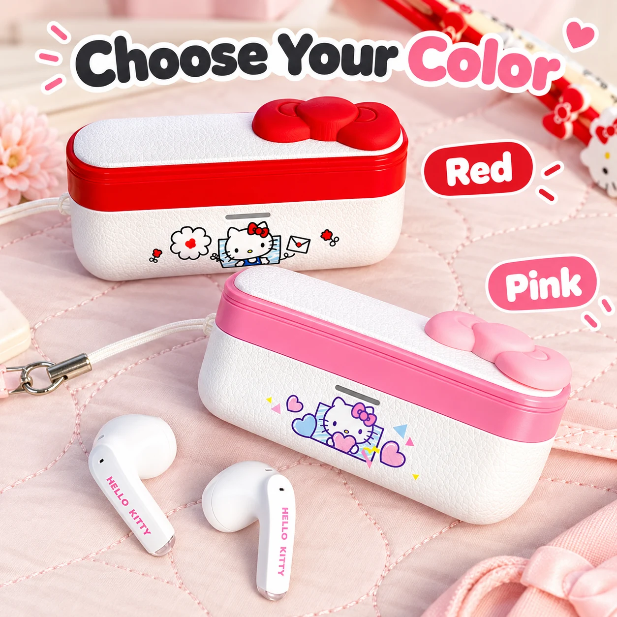 HELLO KITTY Moonlight Box Bluetooth Earbuds — Red and pink charging cases