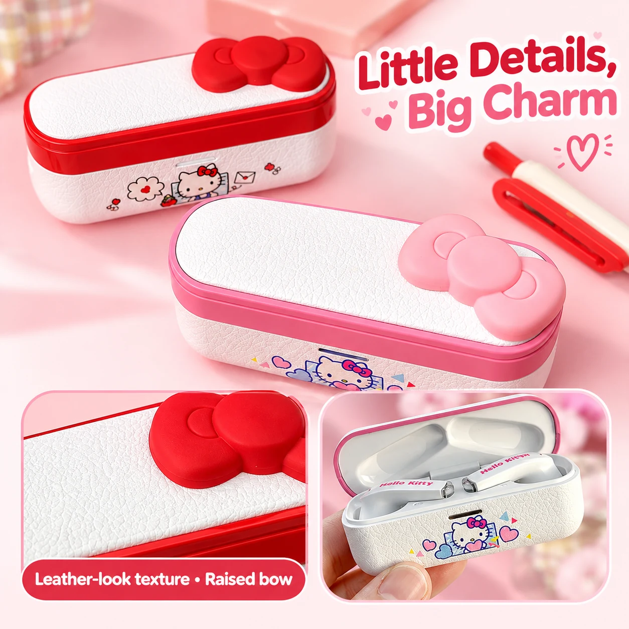 HELLO KITTY Moonlight Box Bluetooth Earbuds — Bow and character details