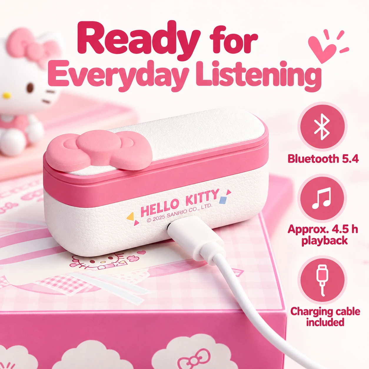 HELLO KITTY Moonlight Box Bluetooth Earbuds — Wireless listening and charging