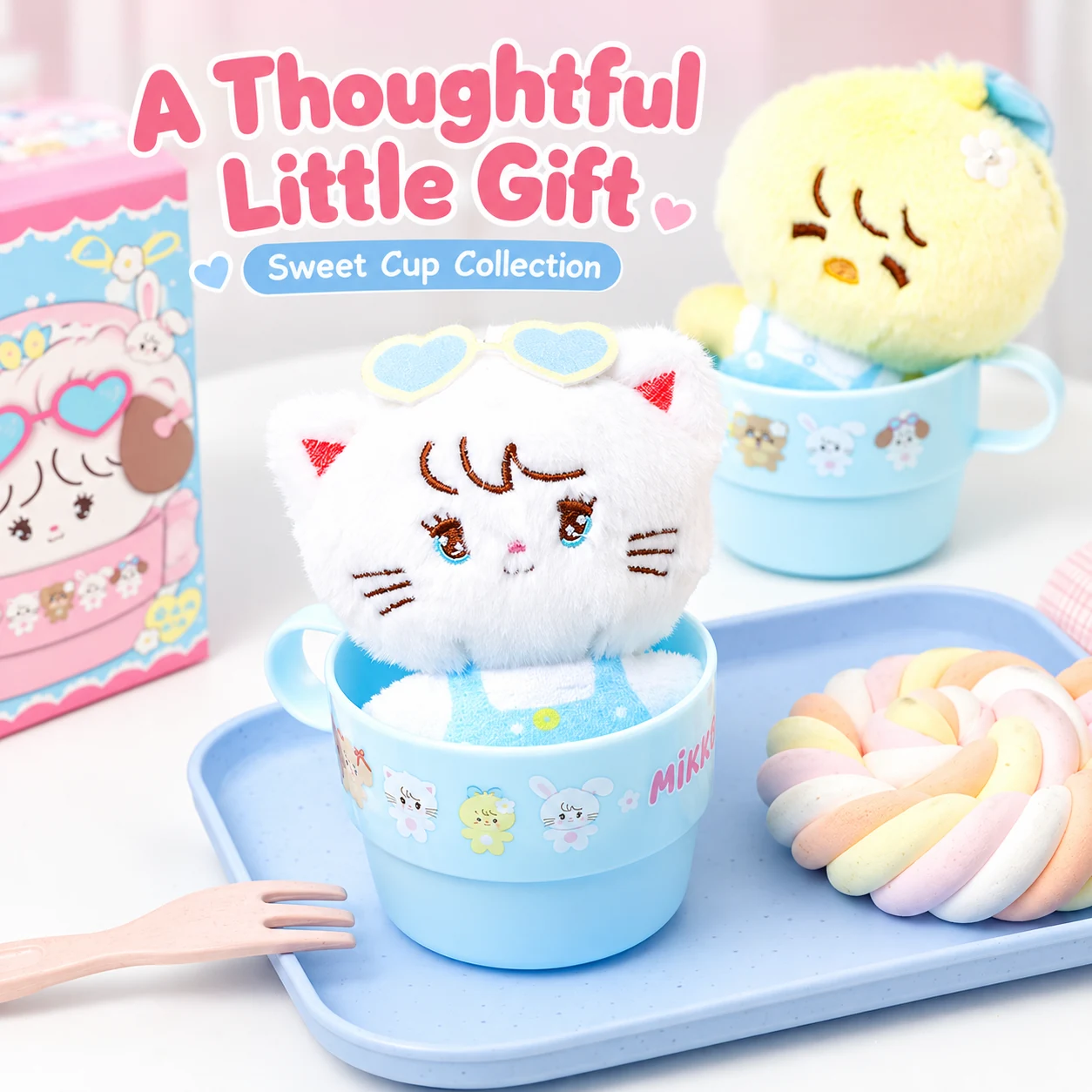 Mikko Sweet Cup Plush Charm Surprise Box — Pastel shelf and gift styling